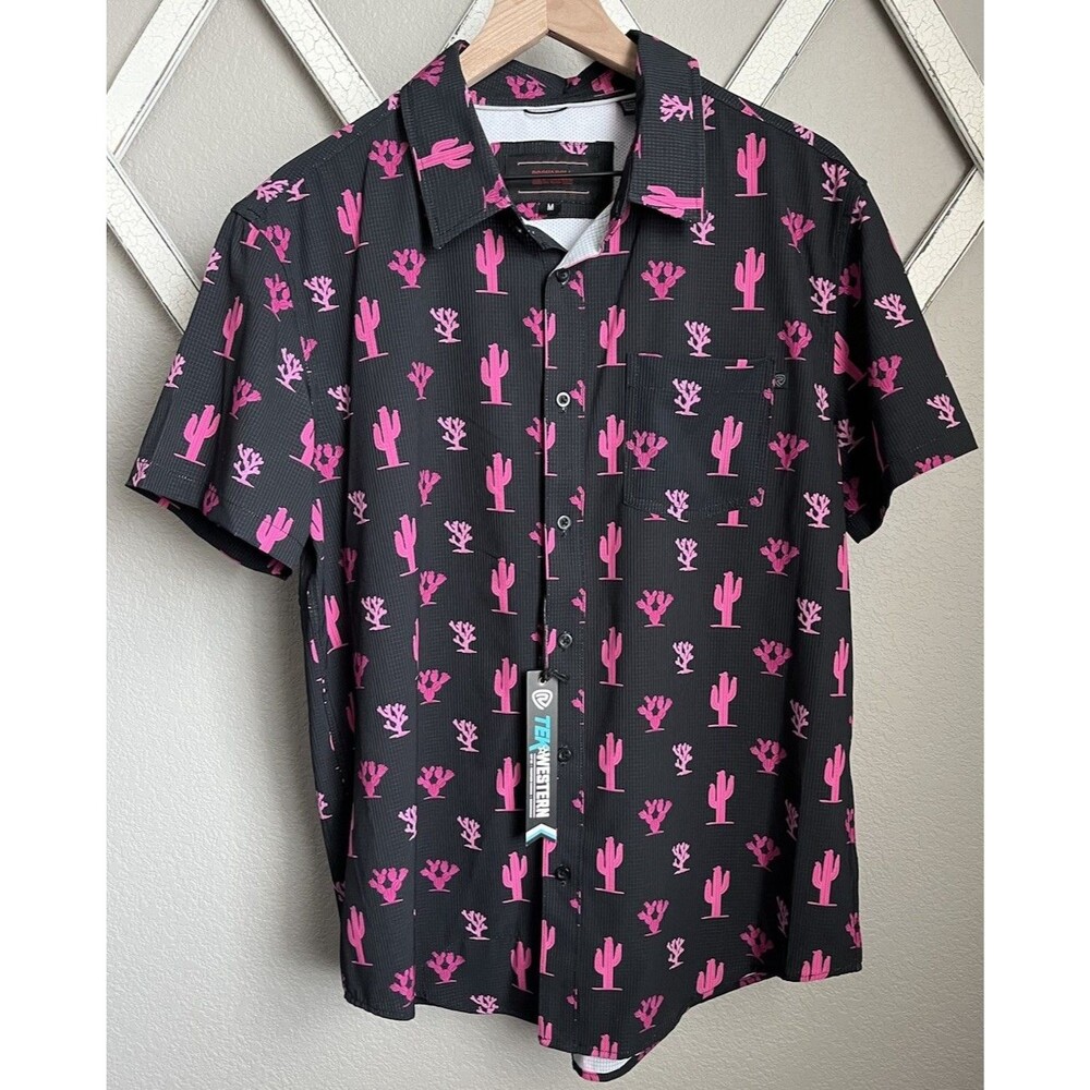 New! Rock & Roll Denim Men’s M TEK Western Button Down Short Sleeve Shirt Cactus